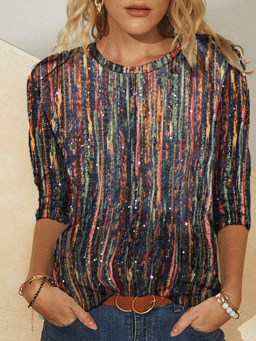 Women's Multi-color Striped Long Sleeve Casual T-shirt AT10097