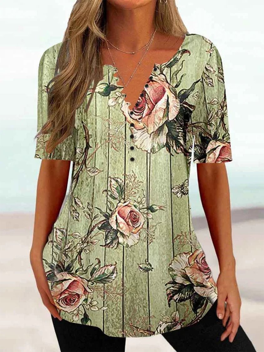 Women's Half Sleeve Notched Floral Printed Tops ap64
