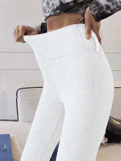 Leggings taille haute en denim délavé uni élastique QK102