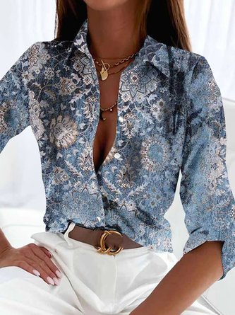 Hemdkragen Ethno-Print Freizeithemd QAF26