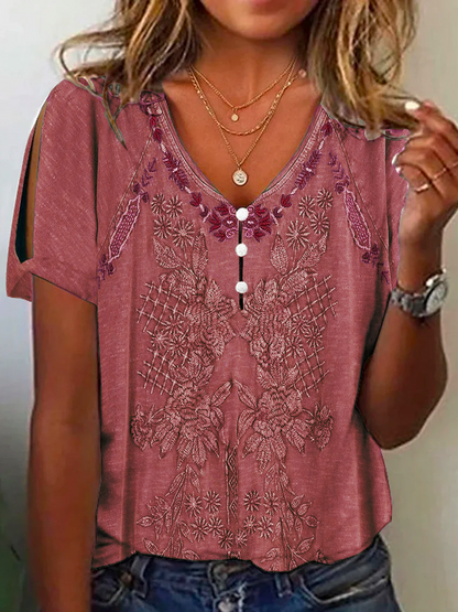 Casual V Neck Ethnic Buttoned Shirt  QH66