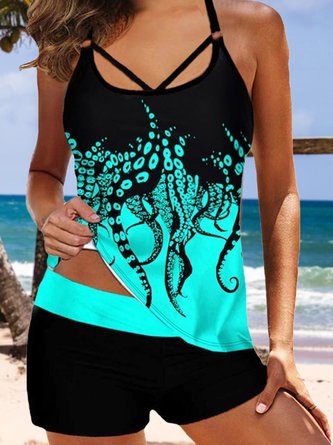 Casual Abstract Printing Scoop Neck Tankini QAP33