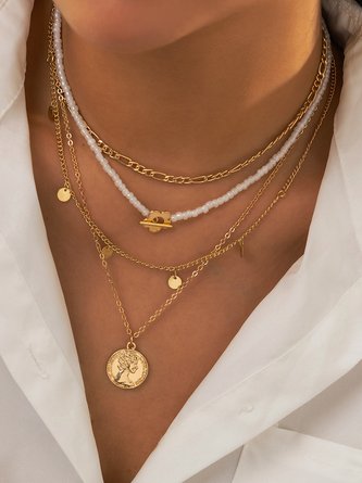 Boho Vacation Pearl Floral Coin Layer Necklace Beach Everyday Jewelry QAR96