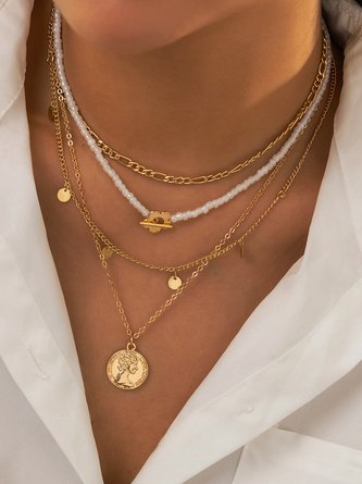 Collier Boho Vacation Perle Floral Coin Layered Bijoux de Plage Quotidiens QAR96