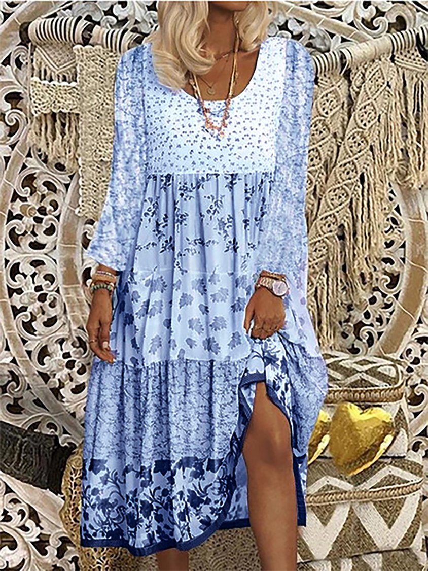 Floral Printed Long Sleeve Sweet Boho Dress NNq42