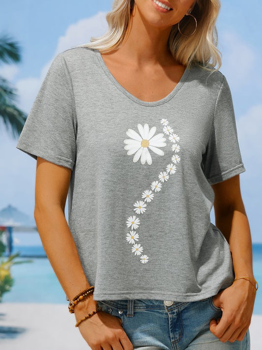 Lockeres, lässiges T-Shirt mit V-Ausschnitt und Blumenmuster QV119