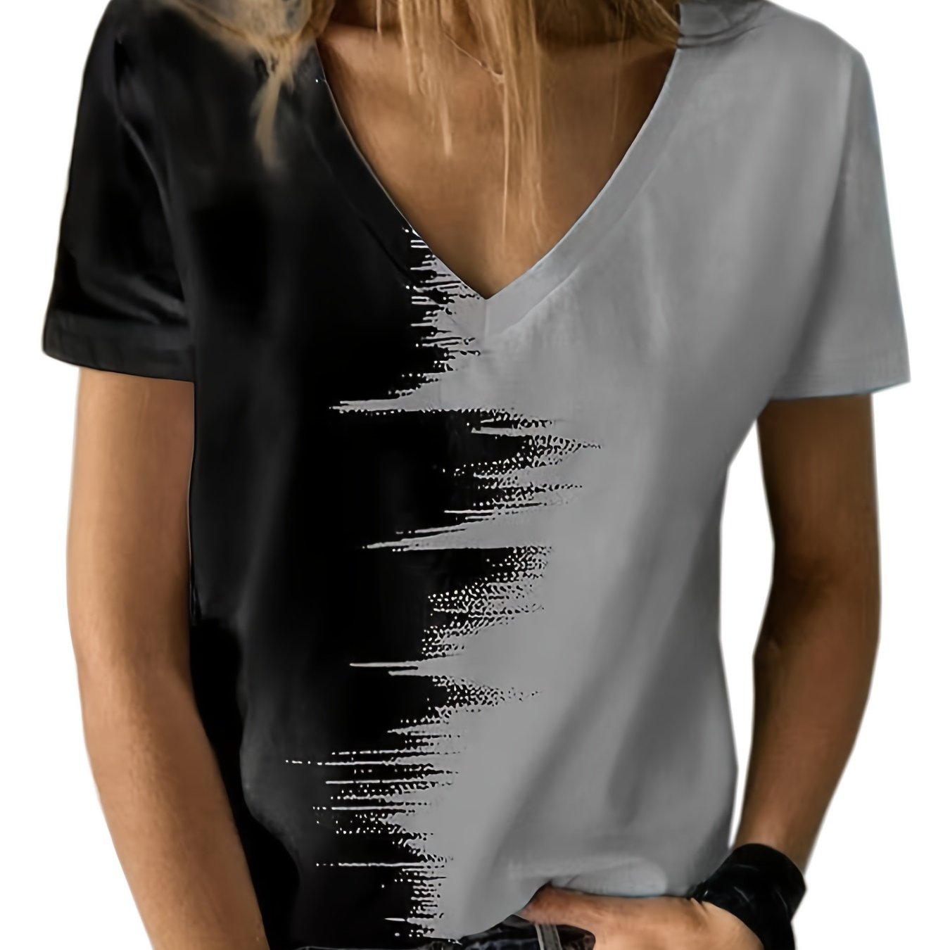 V-neck Color Block T-shirt, Casual Loose Short Sleeve Fashion Summer T-Shirts Tops, Women's Clothing RA107