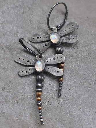 Vintage Silver Distressed Dragonfly Opal Moonstone Earrings Bohemian Ethnic Jewelry QAR88