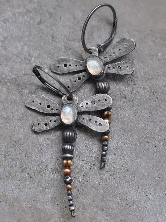 Vintage Silver Distressed Dragonfly Opal Moonstone Earrings Bohemian Ethnic Jewelry AH193