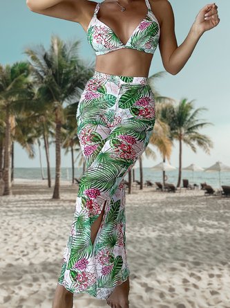 Dreiteiliger Bikini mit V-Ausschnitt und Urlaubspflanzen-Print QAJ33