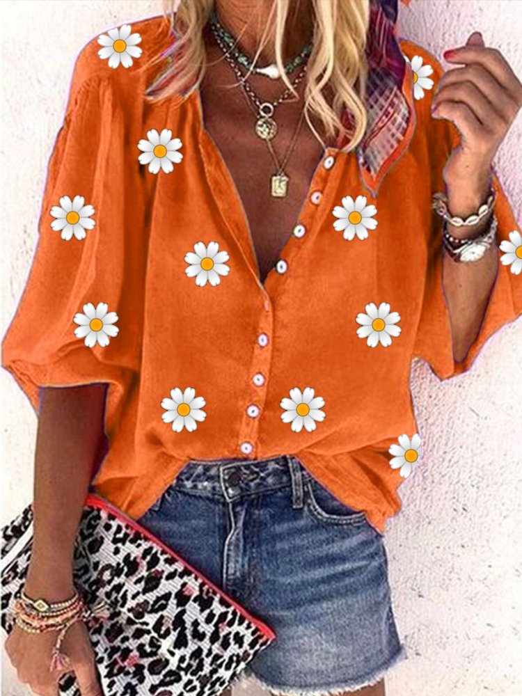 Casual Daisy Loose V neck Three Quarter Sleeve Blouse  WG64