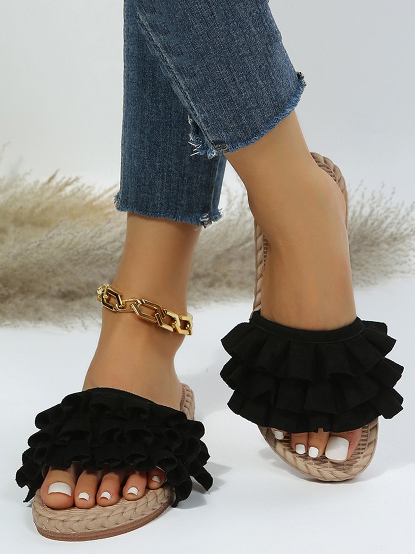 Vacation Ruffled Plain Beach Strap Slippers QAS53