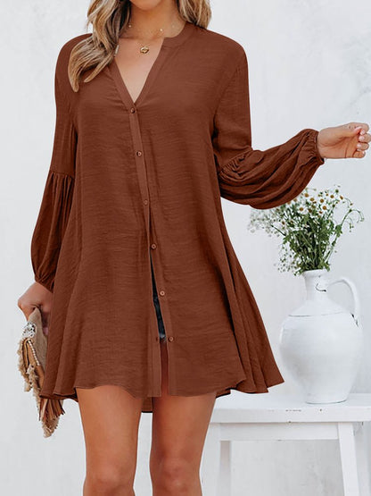 Loose V Neck Lantern Sleeve Urban Dress With No  WE84