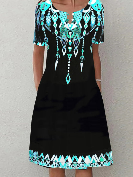 Notched Ethnic Buttoned Dress RR56