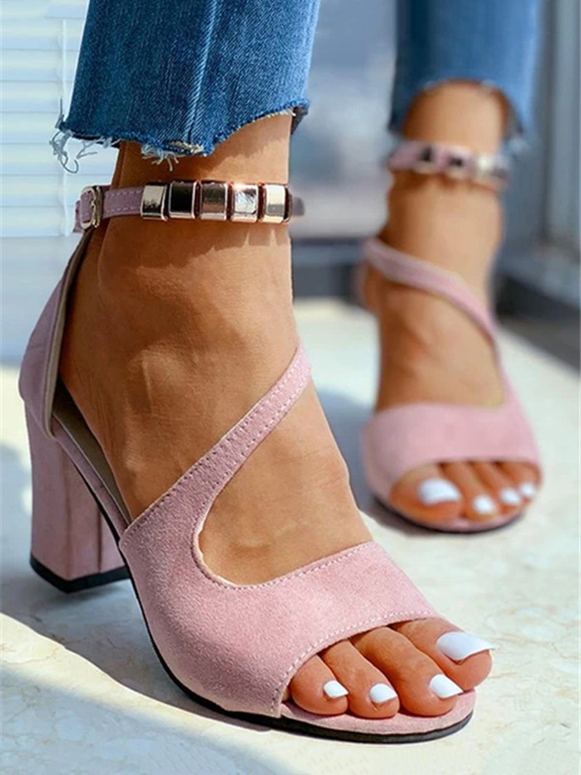 Beads Decor Chunky Heel Ankle Strap Sandals QAF8