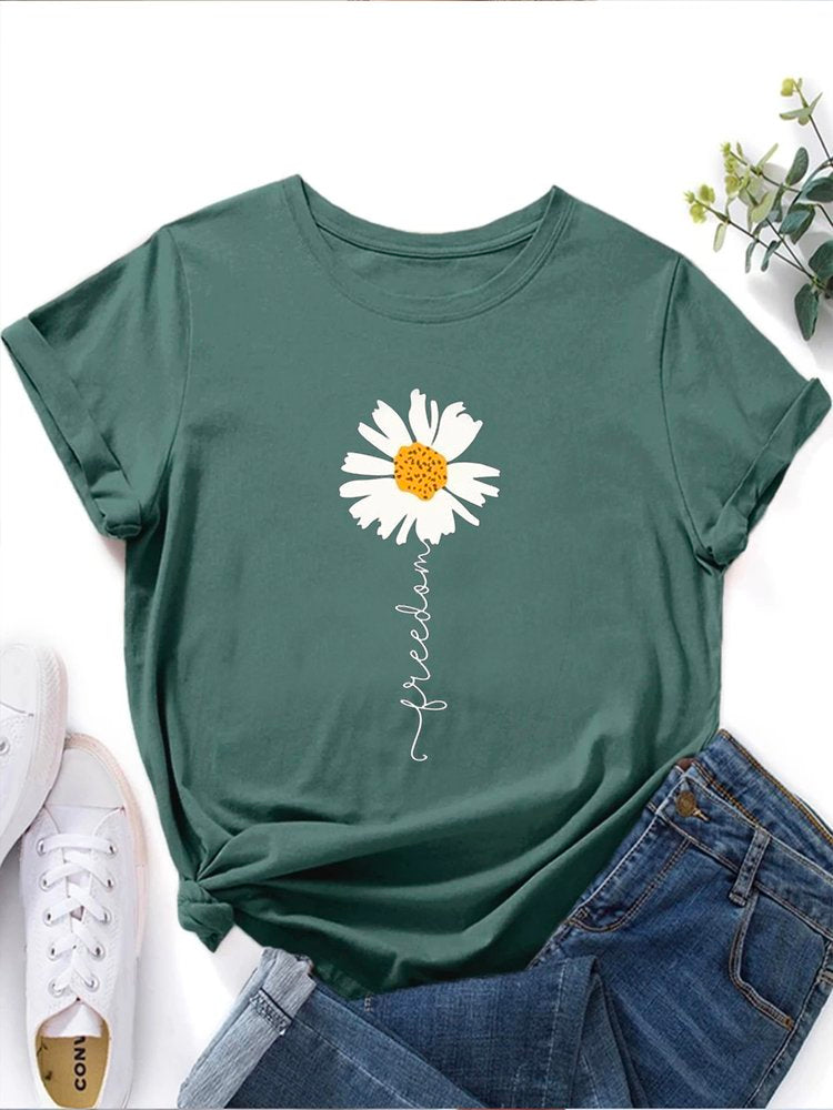 Lockeres T-Shirt mit Rundhalsausschnitt und Blumenmuster für den Urlaub mit Blumen- und Buchstabengrafik cc180