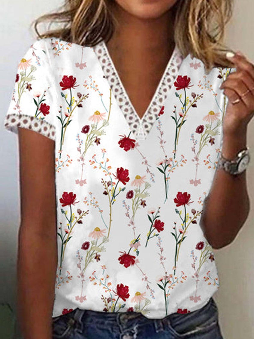 Boho V Neck Floral Short Sleeve T-Shirt MMq38