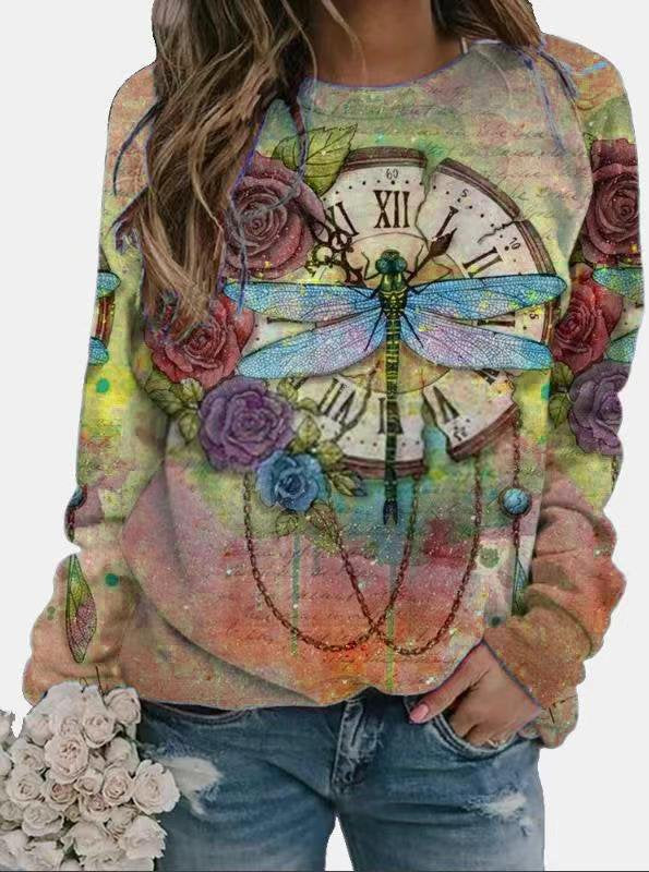 Dragonfly Floral Print Long Sleeve Crew Neck Sweatershirt Women QAL20