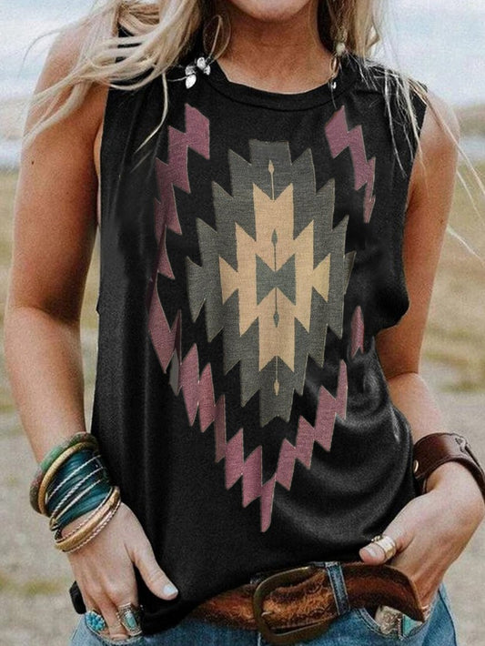 Vintage Sleeveless Boho Geometric Printed Crew Neck Plus Size Casual Vest Tops AT100166