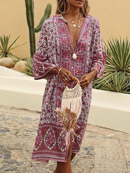 Women Vintage Boho V Neck Summer Weaving Dress QAH42