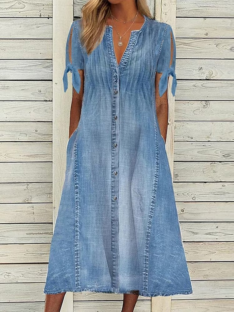 Plain V Neck Casual Denim Dress  WL93