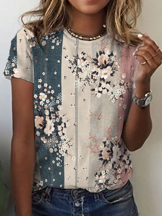 Damen T-Shirt mit Rundhalsausschnitt und Blumenmuster, Regular Fit, kurzärmlig, AT10090