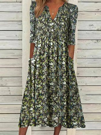 Casual Short Sleeve  St Patricks Day Woven V Neck Floral Midi Dress NNq20