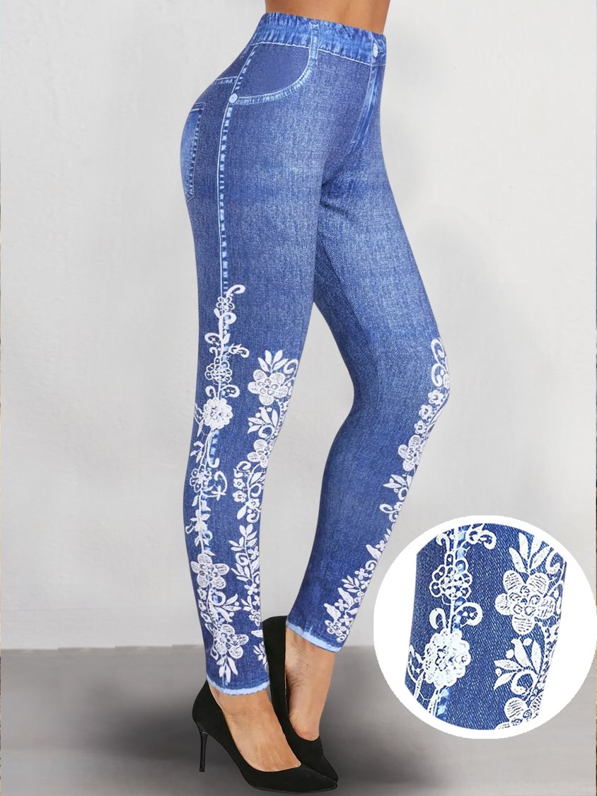 Floral Lose Beiläufige Blume Faux Denim 3D Druck Hohe Taille Beiläufige Dünne Lange Leggings BB50