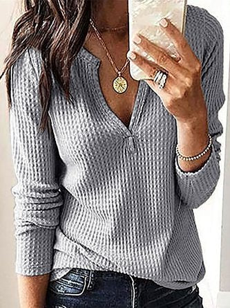 Women Plain Autumn Casual V neck Micro-Elasticity Vintage Solid Long Sleeve shirt &amp; Top MMq11