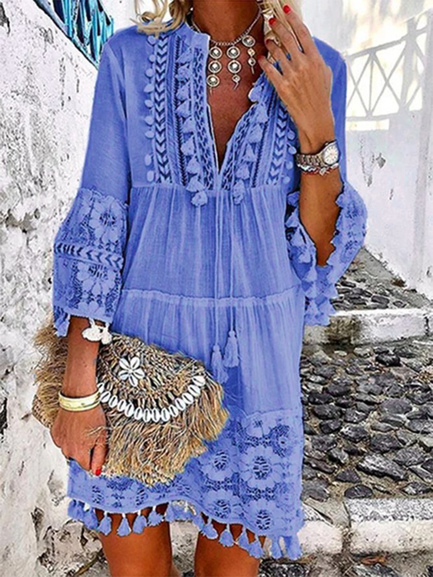 Women Summer 3/4 Sleeve V Neck Holiday Boho Dress  AD614