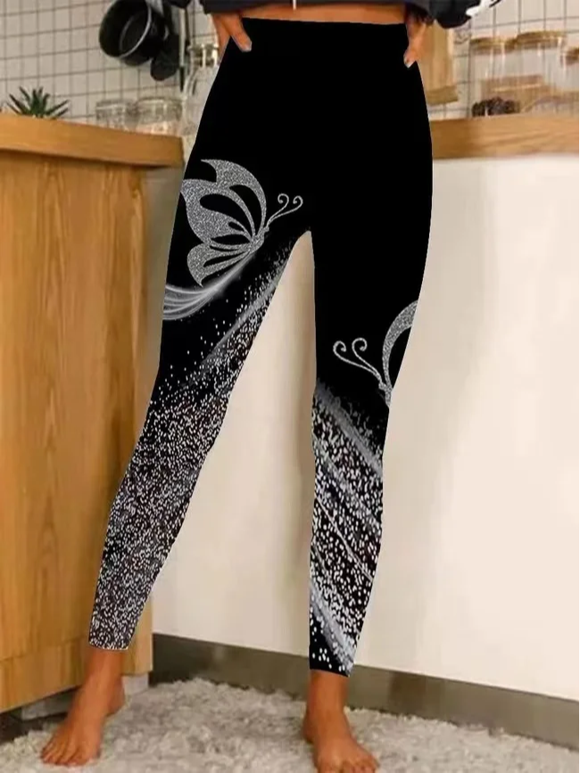 Lässige Winter-Leggings mit Schmetterlings-Print, warm, schlank, für Damen, BB66