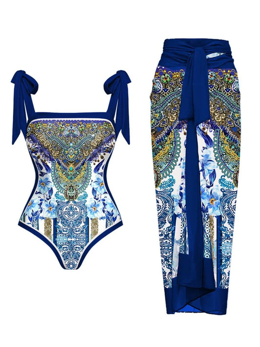 Vacation Ethnic Printing Scoop Neck One Piece With Cover Up AH340