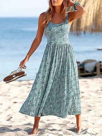 Elegantes ärmelloses Midikleid mit Blumendruck für den Urlaub am Strand QPQ66