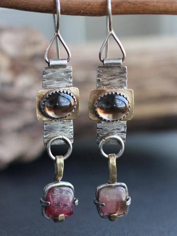 Ethnic Natural Crystal Geometric Pattern Distressed Dangle Earrings Vintage Jewelry QAG24