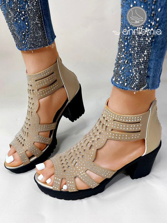 Rhinestone Decor Hollow Out Zipper Back Peep Toe Chunky HeelSandals cc25