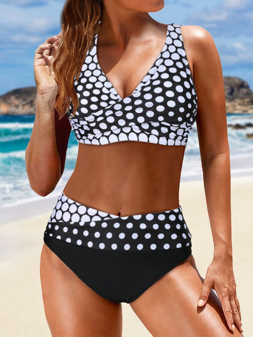 Polka Dots V Neck Printing Casual Bikini QAP54