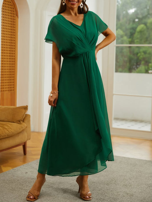 V Neck Elegant Chiffon Plain Dress  WC98