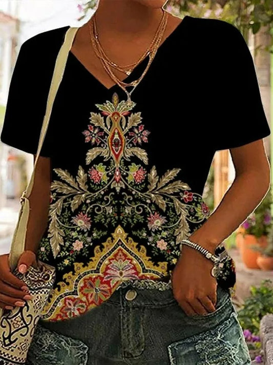 Casual Loose Ethnic V Neck T-Shirt  WG81