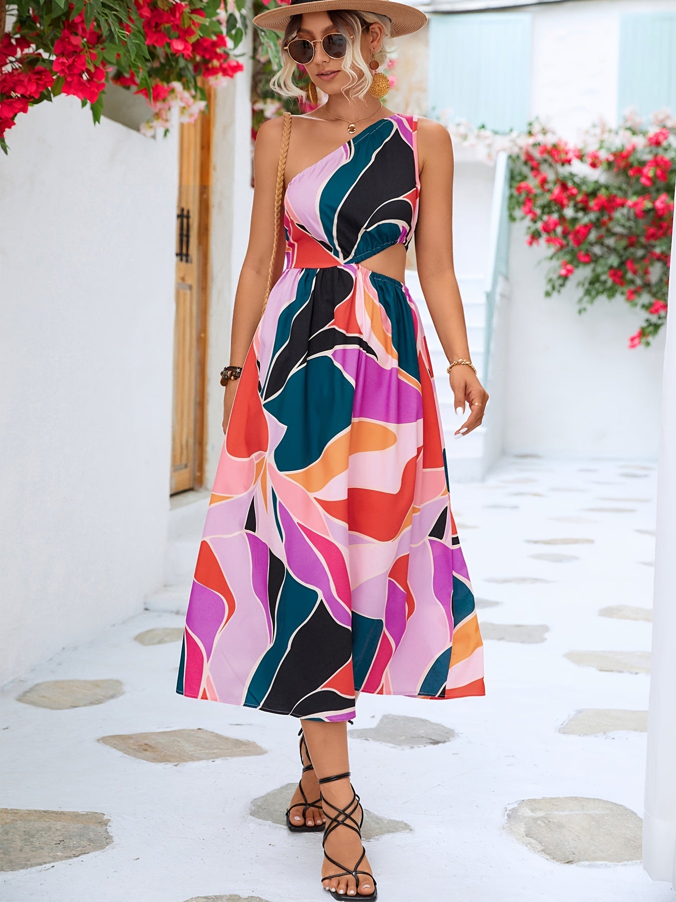 Einschultriges Kleid mit farbenfrohem Print, ärmelloses Kleid mit Cut-Outs in der Taille für Sommer &amp; Frühling, Damen C AE1013