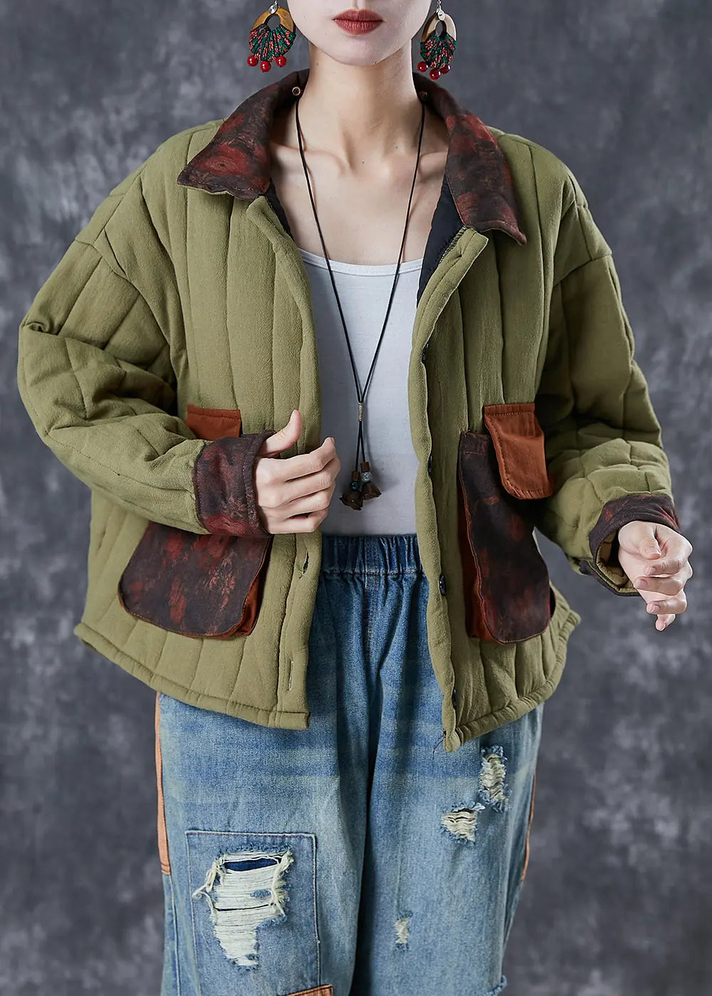 Army Green Patchwork Pockets Fine Cotton Filled Coat Oversized Winter Ada Fashion
