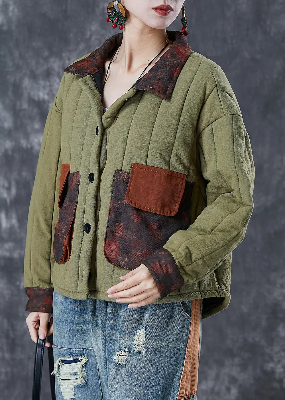 Army Green Patchwork Pockets Fine Cotton Filled Coat Oversized Winter Ada Fashion