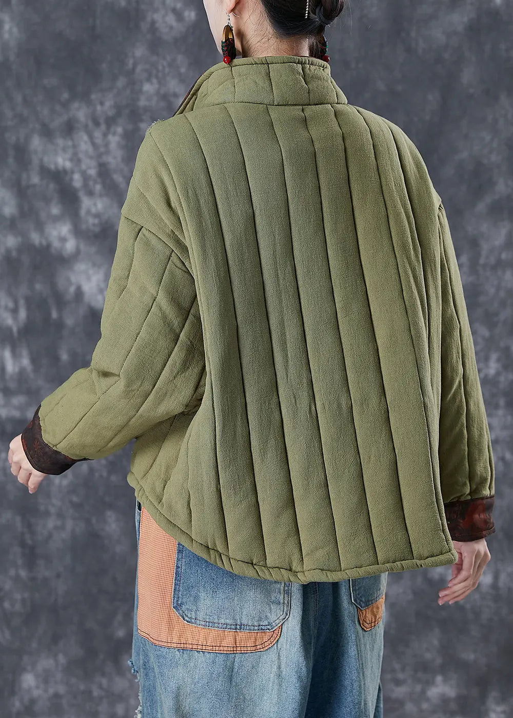 Army Green Patchwork Pockets Fine Cotton Filled Coat Oversized Winter Ada Fashion