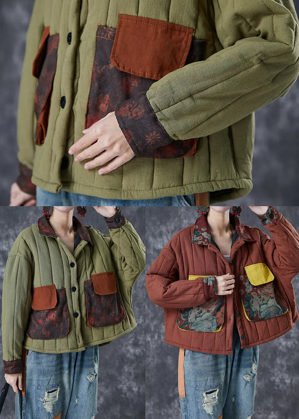 Army Green Patchwork Pockets Fine Cotton Filled Coat Oversized Winter Ada Fashion