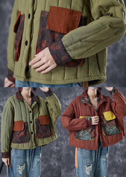 Army Green Patchwork Pockets Fine Cotton Filled Coat Oversized Winter Ada Fashion
