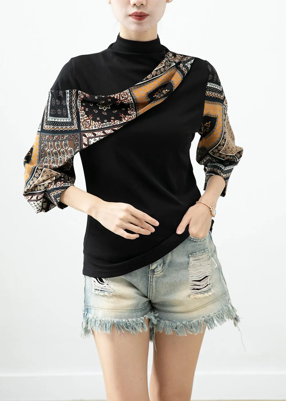 Art Black Asymmetrical Patchwork Print Cotton Blouses Batwing Sleeve Ada Fashion