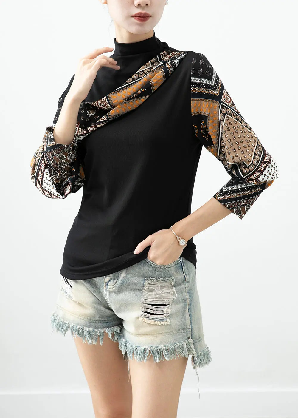 Art Black Asymmetrical Patchwork Print Cotton Blouses Batwing Sleeve Ada Fashion