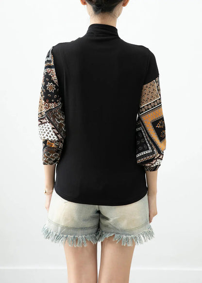 Art Black Asymmetrical Patchwork Print Cotton Blouses Batwing Sleeve Ada Fashion