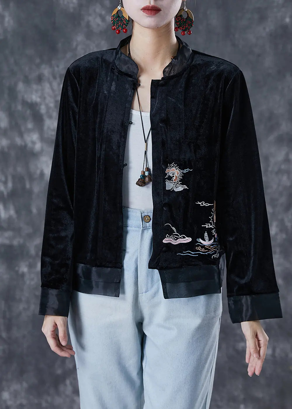 Art Black Embroidered Patchwork Silk Velour Jacket Fall Ada Fashion