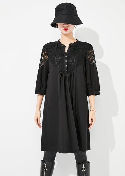 Robe en coton froissée ajourée en patchwork de dentelle noire à demi-manches LY0879