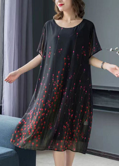 Art Black O Neck Print Patchwork Chiffon Mid Dress Summer Ada Fashion